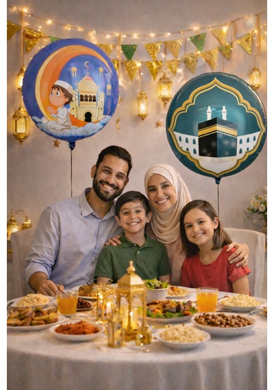2li Ramazan Folyo Balon Set 45cm Dua Eden Çocuk Ve Kabe Hilal Cami Hoşgeldin Bayramı Temalı Dini Süs Mavi - Yeşil