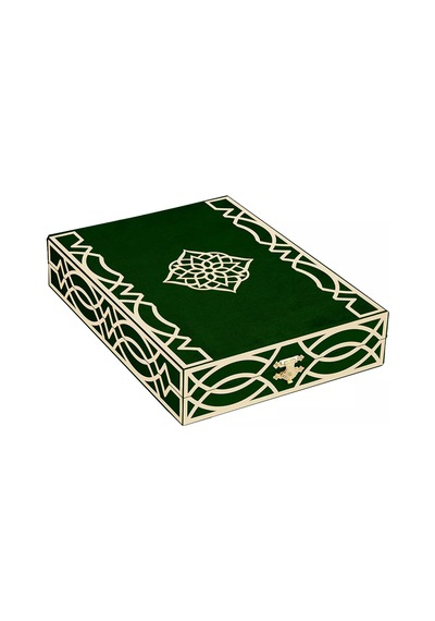 Kadife Kutulu Kur'an-ı Kerim Orta Boy, Pleksili Desen, Yeşil
