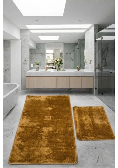 Relax Gold Büyük Boy 80x150 + 50x80 Cm 2'li Banyo Halısı Paspası Seti Kaymaz Klozet Takımı Altın