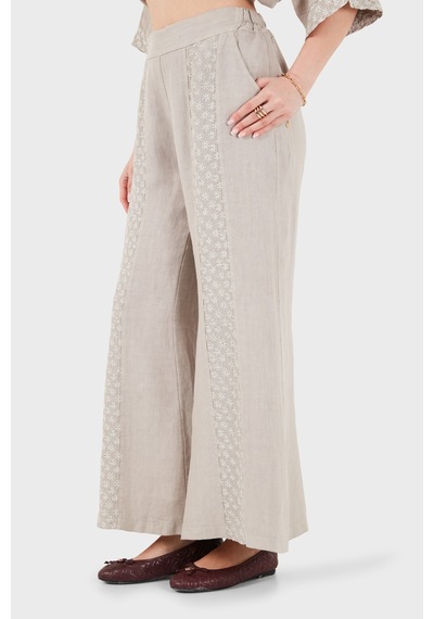 Via Dante % 100 Keten Relaxed Fit Brode İşlemeli Pantolon Bayan Pantolon 69912211 Vizon