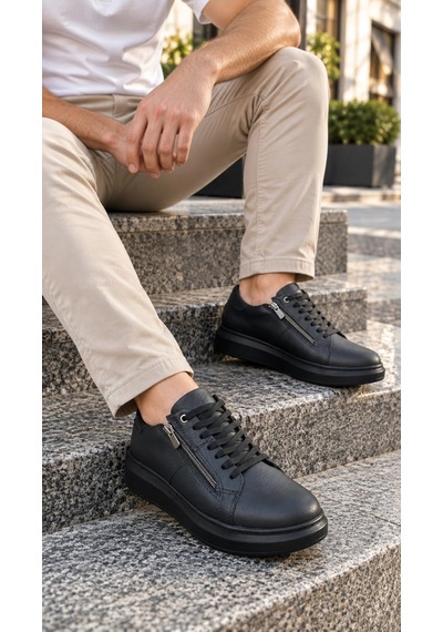 Mevese Roirraw Bağcıklı Ve Fermuarlı Cilt Erkek Günlük Sneaker Ayakkabı - Siyah