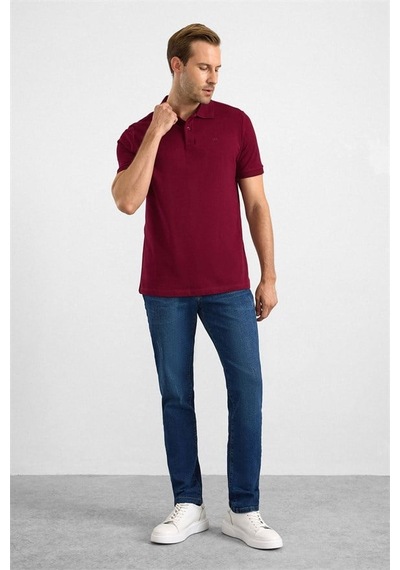 Süvari Koyu Bordo Slim Düz Nakışlı Pike Düğmeli Polo Yaka Tişört Ts1014000474-k09