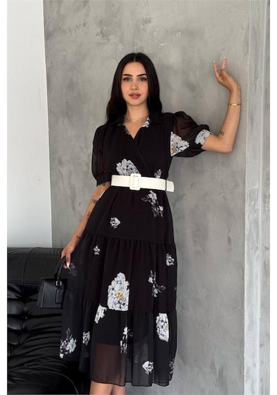 Dip Moda Kadın Kemerli Gömlek Yaka Desenli Şifon Elbise Nbq011 Siyah