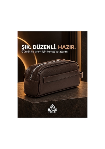 Bags Prime Erkek El Çantası Fermuarlı Çok Bölmeli Portföy Ve Kişisel Bakım Çantası - Kahverengi