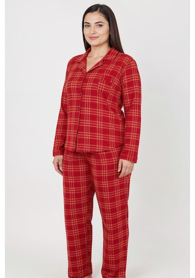 Bravie Luxury Soft Kırmızı Ekose Desenli Uzun Kollu Kadın Pijama Takımı Büyük Beden 3018 Kırmızı