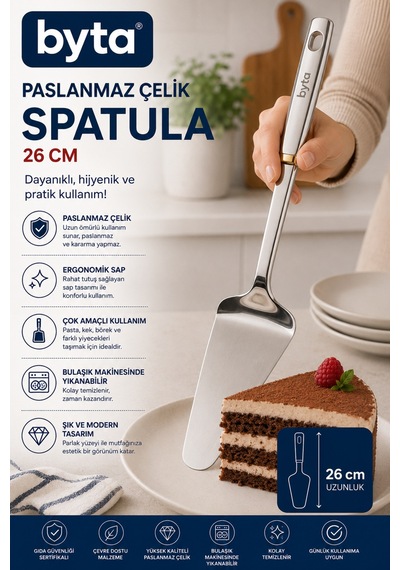 Paslanmaz Çelik Kek, Pasta Ve Börek Servis Spatulası 26 Cm Gri