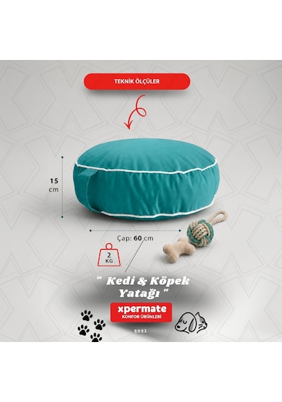 Xpermate Fermuarlı Kedi ve Köpek Minderi Yuvarlak Kedi Minderi Yıkanabilir Kedi Köpek Yatağı Turkuaz