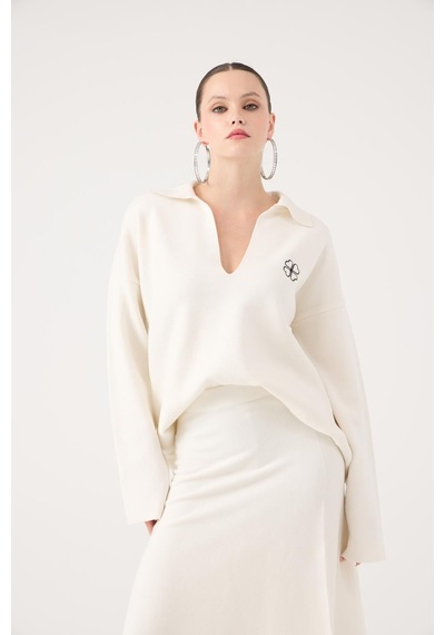 Holly Lolly Oversize Kesim Polo Yaka Zoi Triko Kazak Beyaz