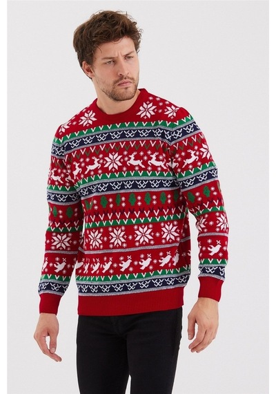 Erkek Christmas Yılbaşı Kazağı Kırmızı - Yeşil - Beyaz