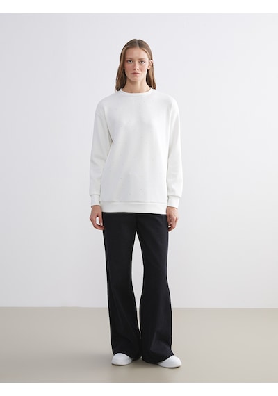 Lcw Comfort Beyaz Bisiklet Yaka Taşlı Kadın Sweatshirt
