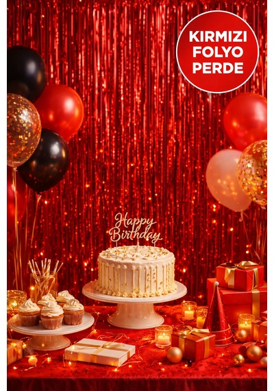 Kırmızı Parlak Parti Perdesi 100x200 Cm Doğum Günü, Baby Shower, Fotoğraf Arka Fon 100 200