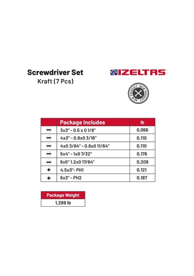 İzeltaş 4100008107 Kraft Seri Tornavidalar, Kırmızı, 7 Li