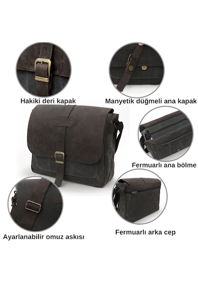 Dark Cotton 7503 Hakiki Deri Kapaklı Suya Dayanıklı Mumlu Kanvas 15 Laptop, Okul, Evrak Seyahat Çantası Siyah - Kahverengi