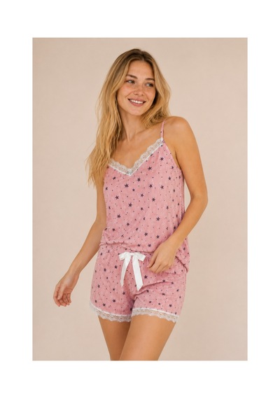 Rindahomewear Kadın İp Askılı Yıldız Desenli Pegasus Kumaş Şortlu Takım Pembe