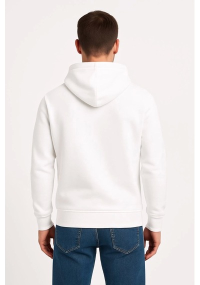 Suma Beyaz Erkek Kapüşonlu Kanguru Cepli Üç İplik Sweatshirt