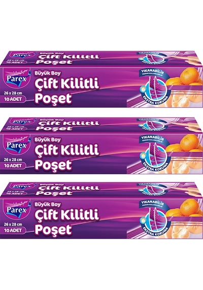 10'lu Çift Kilitli Buzdolabı Poşeti Büyük Boy 26 X 28 Cm Üçlü Paket