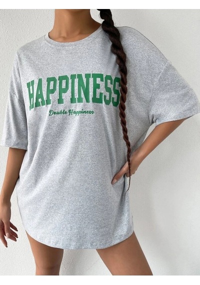 Gri Oversize Happıness Baskılı T-shirt - Oversize Unisex Gri