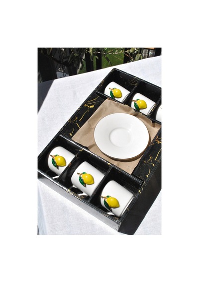 6 Kişilik Yaldızlı Porselen Limonlu Kahve Fincanı Gold Limon Dekorlu Kahve 90 Ml