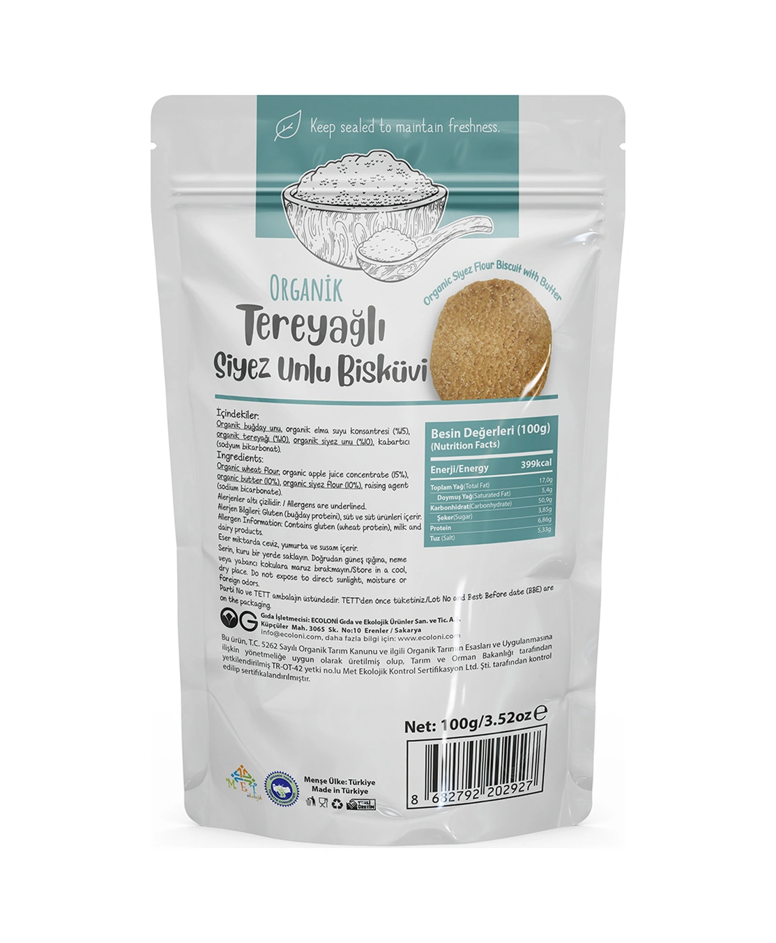 Organik Tereyağlı Siyez Unlu Bisküvi 100gr