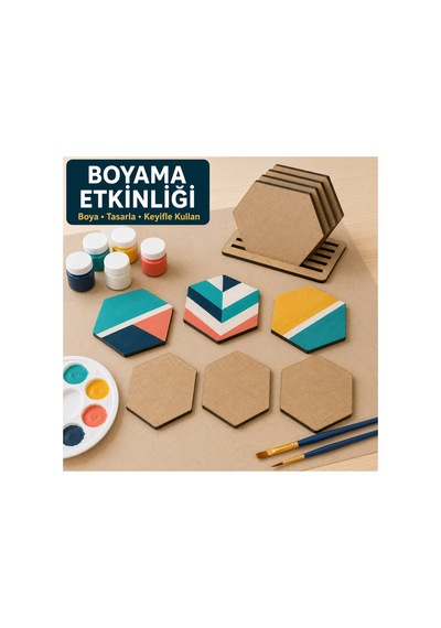 Arliadesign Çukurova Ahşap Lazer Kendin Yap 6 Lı Altıgen Bardak Altlığı Seti Standlı 10x10 Cm Ham Mdf