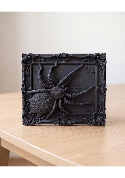Örümcek Duvar Heykeli Rölyef Çerçeve - Gotik Barok Cadılar Bayramı Tasarım Mat Siyah 25 Cm Salon Duvar Dekoru Halloween Hediyesi 25cm