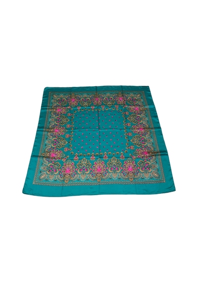 Tikitonki Etnik Çiçek Desenli Saten Yeşil Eşarp - 90x90 Yeşil Yeşil