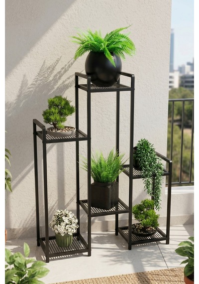 6 Raflı Siyah Metal Çiçeklik & Saksılık - Modern Dekoratif Balkon Ve Salon Bitki Standı