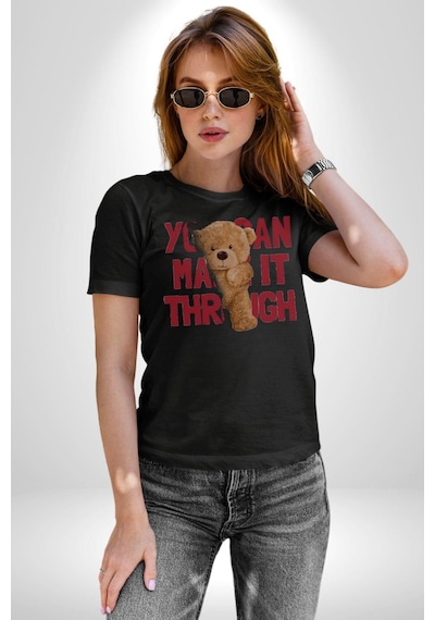 Bunu Alabilirsin Çantadan Çıkan Ayı Unisex Unisex Siyah Organik Baskılı T-shirt Penye Yüksek Kalite Siyah