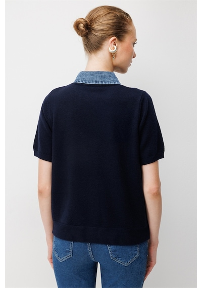 On Kadın Denim Detaylı Kısa Kollu Triko Hırka 10509 Lacivert