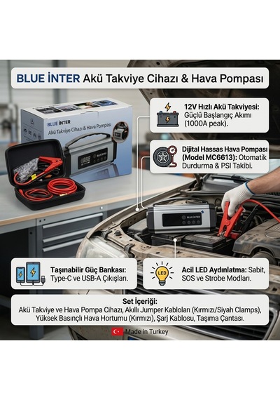 Blue İnter Akü Takviye Cihazı & Akıllı Hava Pompası Çok Fonksiyonlu Taşınabilir Güç Bankası