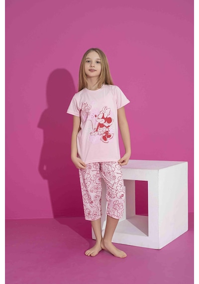 Kız Çocuk Yazlık Kapri Pijama Takımı Penye Likralı 3042pe Pembe
