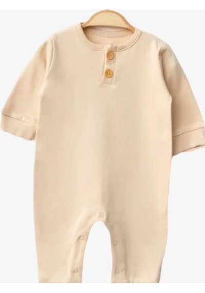 Zekids Erkek Bebek Düğmeli Bej Renk Organik Tulum-15510 Bej