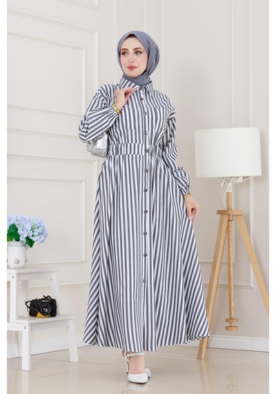 Sevitli Çizgili Cepli Tesettür Elbise-siyah-5132 Siyah