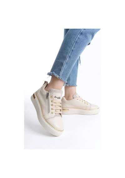 Dına Bağcıklı Fermuarlı Ortopedik Taban Kadın Sneaker Spor Ayakkabı Ckt - Krem/altın Krem