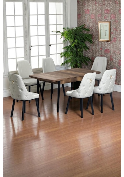 Sonata Ceviz 80 x 132 Açılabilen MDF Masa Siyah Metal Ayaklı Mutfak Masası 6 Krem Sandalye Sonata Ceviz 80 x 132 Açılabilen MDF Masa Siyah Metal Ayaklı Mutfak Masası 6 Krem Sandalye