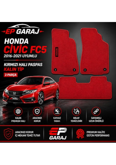 Honda Civic Fc5 2016-2021 Uyumlu Kırmızı Halı Paspas Takımı 3 Parça Kalın Tip