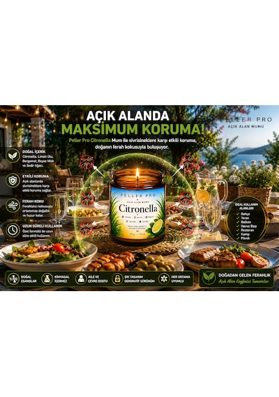 Sivrisinek Kovucu Mum 210 Gr Açık Alan Mumu Bahçe Balkon Teras İçin Citronella Aromatik Mum Beyaz