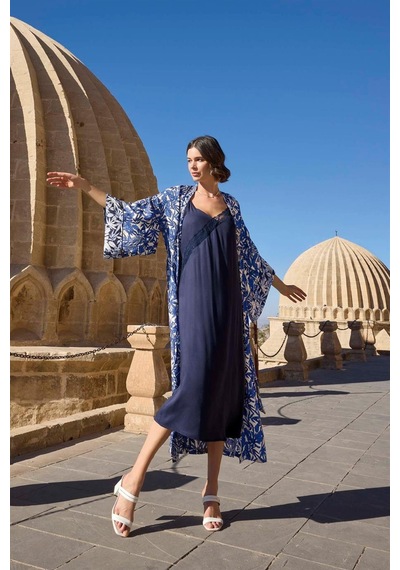 Monamise Kadın Dantelli Dekolteli Yaprak Desenli Kimono Takımı 23038 Çok Renkli