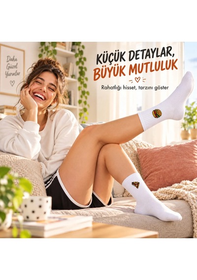 S'82 Unisex Çorap Beyaz Nakışlı 3'lü Set Pizza Hotdog Hamburger Desenli Uzun Soket Günlük Spor Çorap Seti