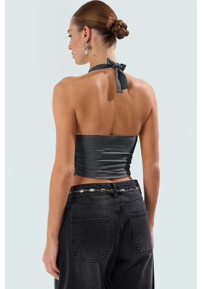 Ersefa Vücuda Oturan Boyundan Bağlamalı Crop Bluz Polyester Elastan Sand Antrasit