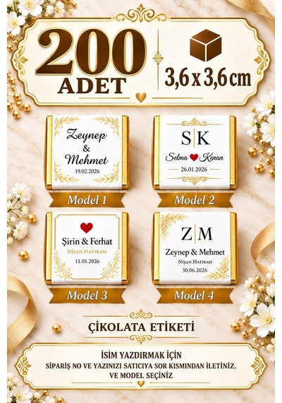200 Adet Madlen Çikolata İçin Sticker- Kişiye Özel Sticker - Kare Sticker - Nişan Nikah Mevlid Altın