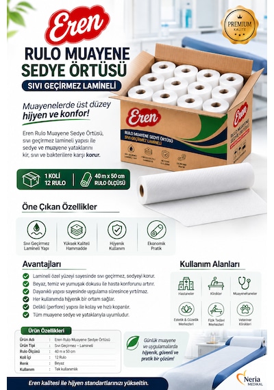 Eren Kağıt Muayene Sedye Masa Örtüsü Lamineli Sıvı Geçirmez 12 Rulo