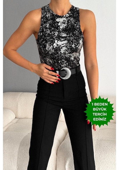 Balenbi Kadın Sim Baskılı Kolsuz Kaşkorse Body 1065 Siyah