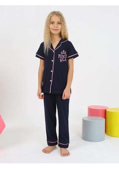 Kız Çocuk Kısa Kollu %100 Pamuklu Düğmeli Pijama Takımı Princess Indigo