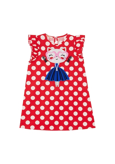 Denokids Puantiye Kedicik Kız Çocuk Poplin Elbise Kırmızı