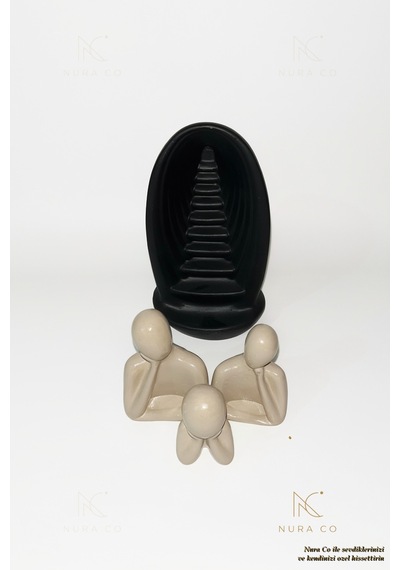 Tütsü Şelalesi Standı & Aile Figürü Biblo 4'lü Set Alçı Zen Meditasyon Dekor Minimalist