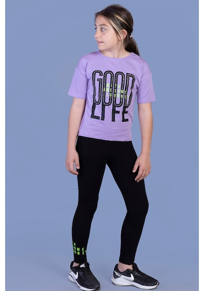 Toontoy Kids Toontoy Kız Çocuk 2'li Takım Baskılı Bisiklet Yaka T-shirt & Basic Düz Tayt Lila