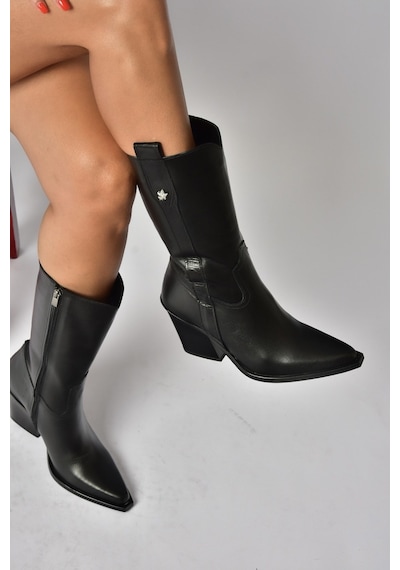 Fox Shoes Z654940103 Siyah Hakiki Deri Kalın Topuklu Western Kadın Çizme