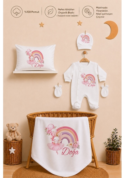 Pia Baby Kız Bebek Tulum Seti İsme Özel %100 Pamuk Organik Baskılı Yastık Kılıfı Ve Battaniyeli Tulum 2047tyb0x Ekru