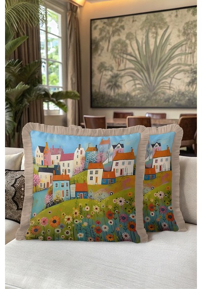 Çiçekli Köy Manzaralı Pastel Saçaklı Yastık Kılıfı - Kır Evleri Boho Krem Püsküllü Kırlent Kılıfı Sakin Esinti Aura Çiçekli Köy Manzaralı Pastel Saçaklı Yastık Kılıfı - Kır Evleri Boho Krem Püsküllü Kırlent Kılıfı Sakin Esinti Aura